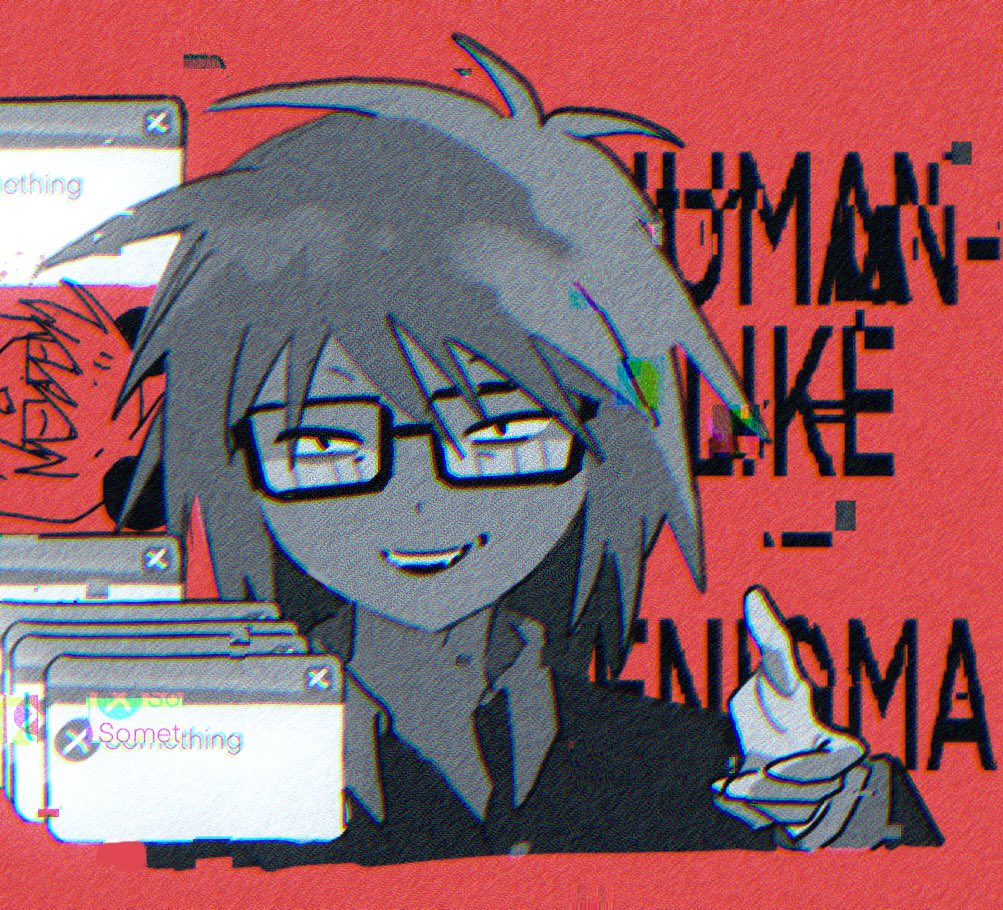 randal ivory, randal's friends, 1boy, english text, fang, glasses, glitch, greyscale with colored background, hand up, ikedagok, looking at viewer, male focus, red background, short hair, upper body, window (computing)