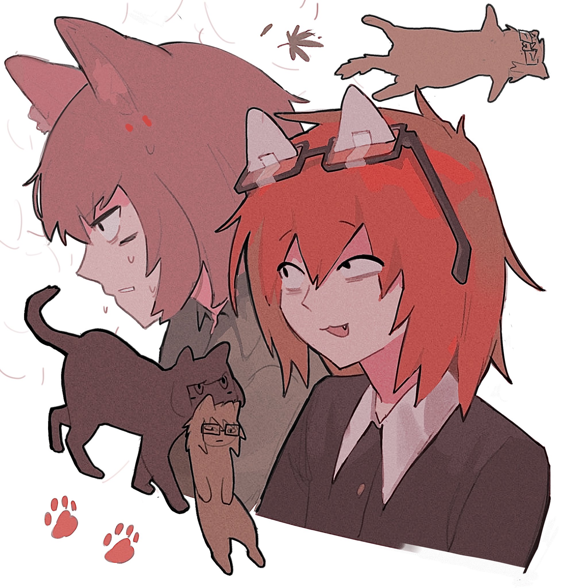 luther von ivory, randal ivory, randal's friends, highres, 2boys, animal, animal ears, animalization, black eyes, brothers, brown hair, cat, cat boy, cat ears, eyewear on head, fake animal ears, fang, glasses, ikedagok, jacket, kemonomimi mode, looking to the side, male focus, multiple boys, paw print, red hair, short hair, siblings, simple background, sweat, tape, upper body, white background