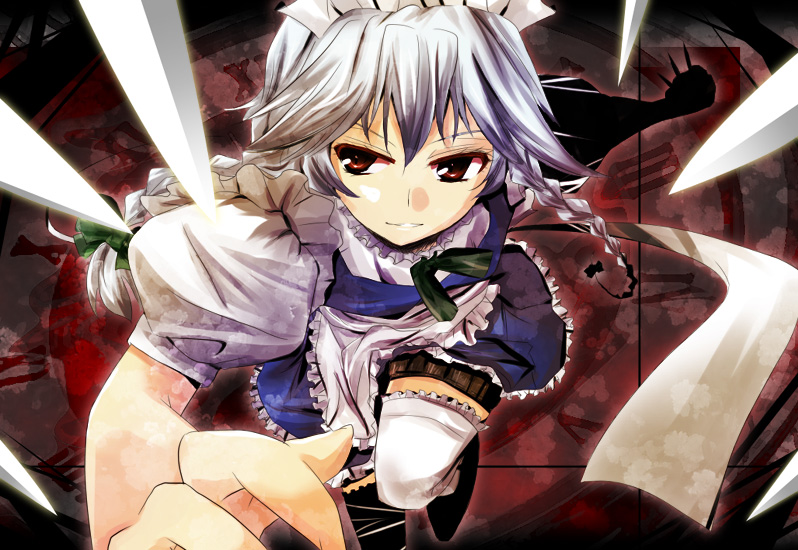 orimoto asami, izayoi sakuya, touhou, silver hair, 1girl, apron, braid, female focus, maid, maid apron, red eyes, solo, thighhighs, twin braids