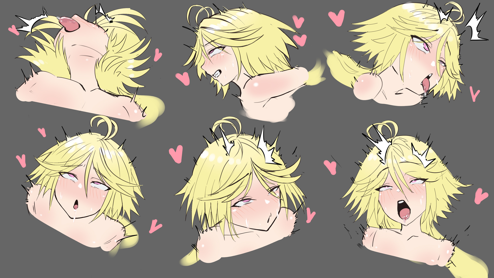 heiz illust, yamana mira, trinity seven, ahegao, ahoge, blonde hair, pink eyes, tongue, tongue out