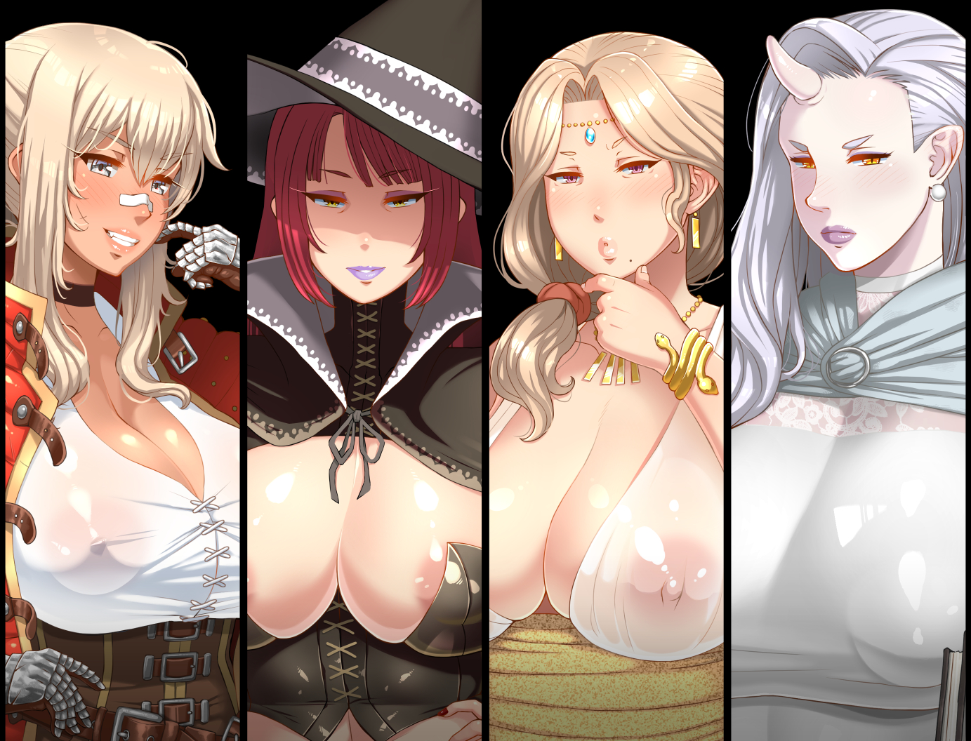 enoshima iki, frost (silly girls quest), helen (oba-sans saga), karen (silly girls quest), oba-sans saga, silly girls quest, tagme, 4girls, arm armor, armored arm, belt, black background, black choker, black corset, black ribbon, blonde hair, blue eyes, blue gemstone, blush, bracelet, breasts, choker, cleavage, closed mouth, corset, dark-skinned female, dark skin, dress, earrings, flower print, gem, gold bracelet, gold earrings, gold necklace, gyaru, half-closed eyes, hat, horns, huge breasts, jacket, large areolae, large breasts, long hair, looking at viewer, mantle, mature female, mole, mole under mouth, mouth hold, multiple girls, necklace, nipples, nose blush, oni, open clothes, open jacket, open mouth, orange eyes, purple eyes, purple lips, red hair, ribbon, ribbon trim, see-through clothes, serious, side ponytail, simple background, single horn, smile, snake bracelet, straight hair, teeth, teeth hold, tomboy, vega (oba-sans saga), visible ears, white choker, white dress, white hair, witch, witch hat, yellow eyes