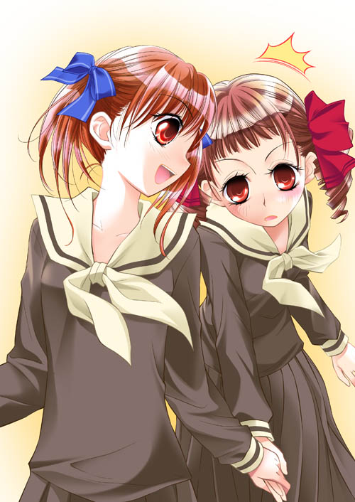 iizuka ena, saera (pixiv400468), fukuzawa yumi, matsudaira touko, maria-sama ga miteru, 00s, 2girls, :d, :o, ^^^, brown hair, collar, holding, holding hands, long hair, long sleeves, looking at viewer, looking back, multiple girls, neckerchief, open mouth, orange hair, parted lips, red eyes, smile, surprised, tripping, very long hair, white neckerchief