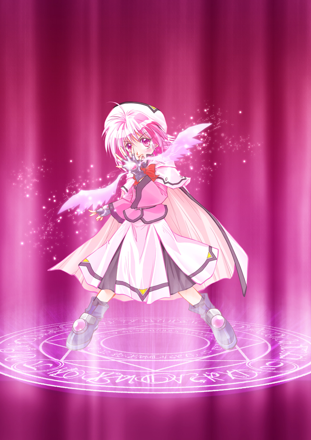 iizuka ena, caro ru lushe, kerykeion (nanoha), lyrical nanoha, mahou shoujo lyrical nanoha, mahou shoujo lyrical nanoha strikers, 00s, 1girl, beret, dress, female focus, full body, hat, legs apart, looking at viewer, magic circle, pink hair, pink theme, short hair, solo, spread legs, standing, standing on magic circle, weapon, white dress