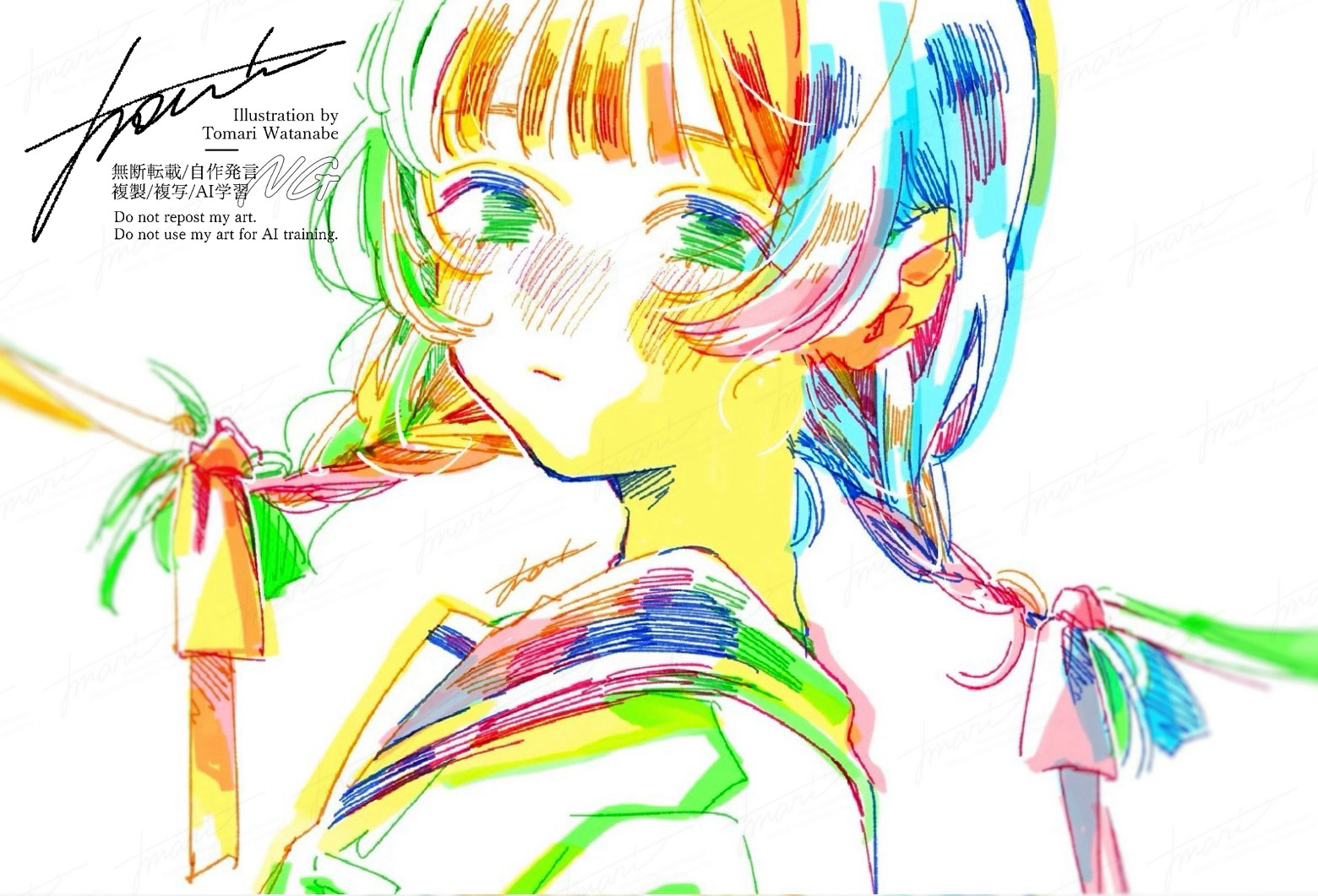 watanabe tomari, original, 1girl, artist name, blush, braid, colorful, hair ribbon, looking at viewer, looking to the side, low twin braids, ribbon, school uniform, serafuku, signature, solo, twin braids, watermark, white background