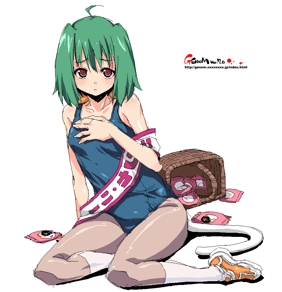 onija tarou, ranka lee, macross, macross frontier, 00s, ahoge, cat tail, green hair, oekaki, one-piece swimsuit, pantyhose, pantyhose under swimsuit, red eyes, school swimsuit, see-through clothes, see-through legwear, short hair, socks, solo, swimsuit, tail