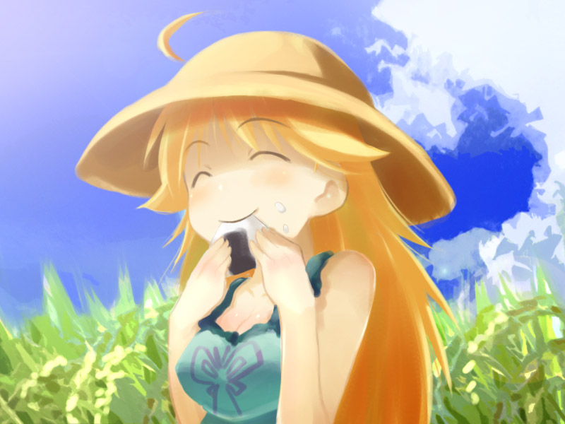 akane yuki, tsumitani daisuke, hoshii miki, idolmaster, idolmaster (classic), idolmaster 1, 00s, 1girl, ahoge, blonde hair, closed eyes, eating, female focus, food, food on face, happy, hat, onigiri, solo