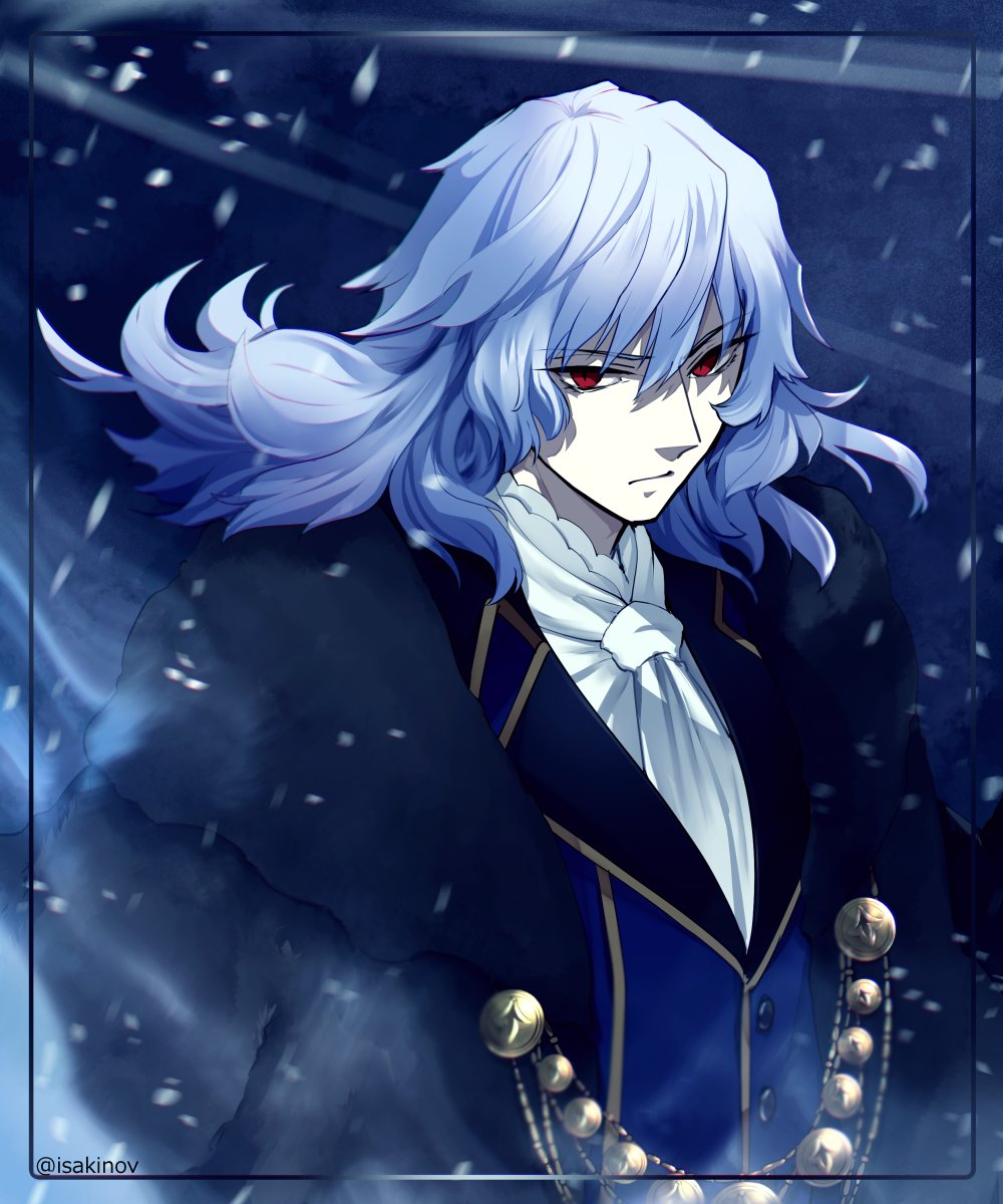 kaisaki, sukiniyaru, vlov arkhangel, tsukihime, tsukihime (remake), highres, 1boy, ascot, blue coat, coat, expressionless, formal clothes, from side, fur coat, hair between eyes, looking at viewer, male focus, medium hair, red eyes, upper body, white hair