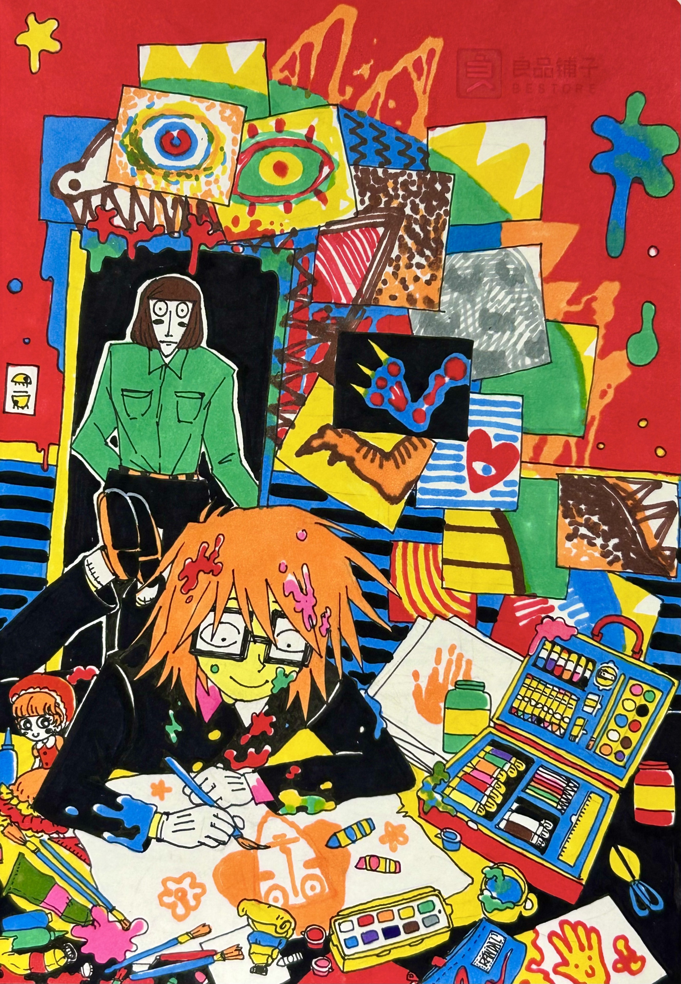 luther von ivory, randal ivory, randal's friends, absurdres, chinese commentary, commentary request, highres, traditional media, 2boys, black eyes, brothers, brown hair, colorful, crayon, doorway, glasses, green shirt, holding, holding paintbrush, indoors, male focus, messy room, multiple boys, orange hair, paint, paint in hair, paint splatter, paint splatter on face, paint tube, paintbrush, painting (action), painting (object), paper, shirt, short hair, siblings, smile, yaolaiyibeiapachama