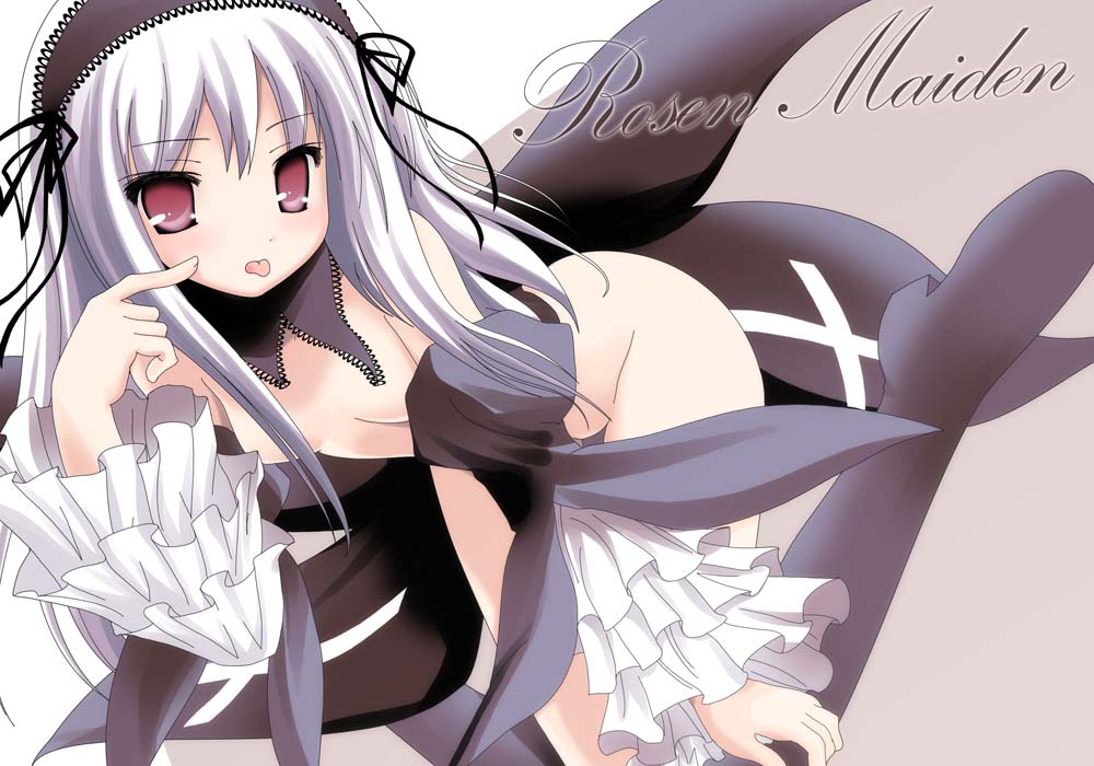 namamo nanase, suigintou, rozen maiden, silver hair, 00s, 1girl, :p, blush, boots, breasts, convenient censoring, copyright name, cross, dress, female focus, frills, gothic lolita, hairband, lolita fashion, long hair, looking at viewer, purple eyes, ribbon, small breasts, solo, tongue, tongue out