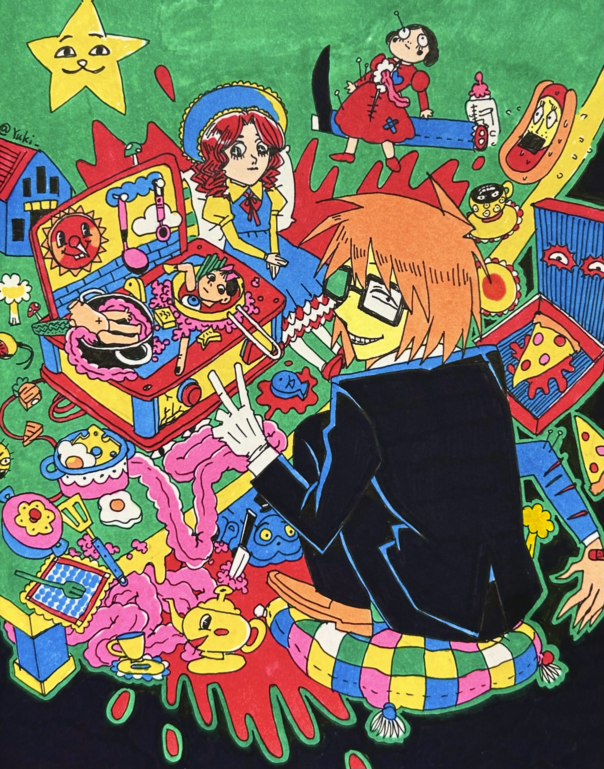 randal ivory, sebastian de tomato smith chicken legs, randal's friends, absurdres, chinese commentary, commentary request, highres, traditional media, 2boys, black eyes, blood, clutter, colorful, doll, grin, hot dog, intestines, knees up, looking at viewer, looking back, male focus, multiple boys, orange hair, pillow, severed arm, severed leg, severed limb, short hair, sitting, smile, solo, toy, v, yaolaiyibeiapachama