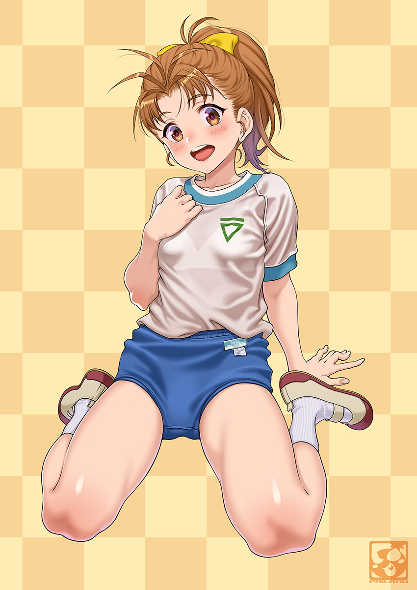 pairan, saotome yumi, tokimeki memorial, tokimeki memorial 1, highres, 1girl, :d, blue buruma, breasts, brown hair, buruma, checkered background, gym uniform, hand up, open mouth, ponytail, shirt, short sleeves, simple background, sitting, small breasts, smile, socks, wariza, white shirt, white socks, yellow background