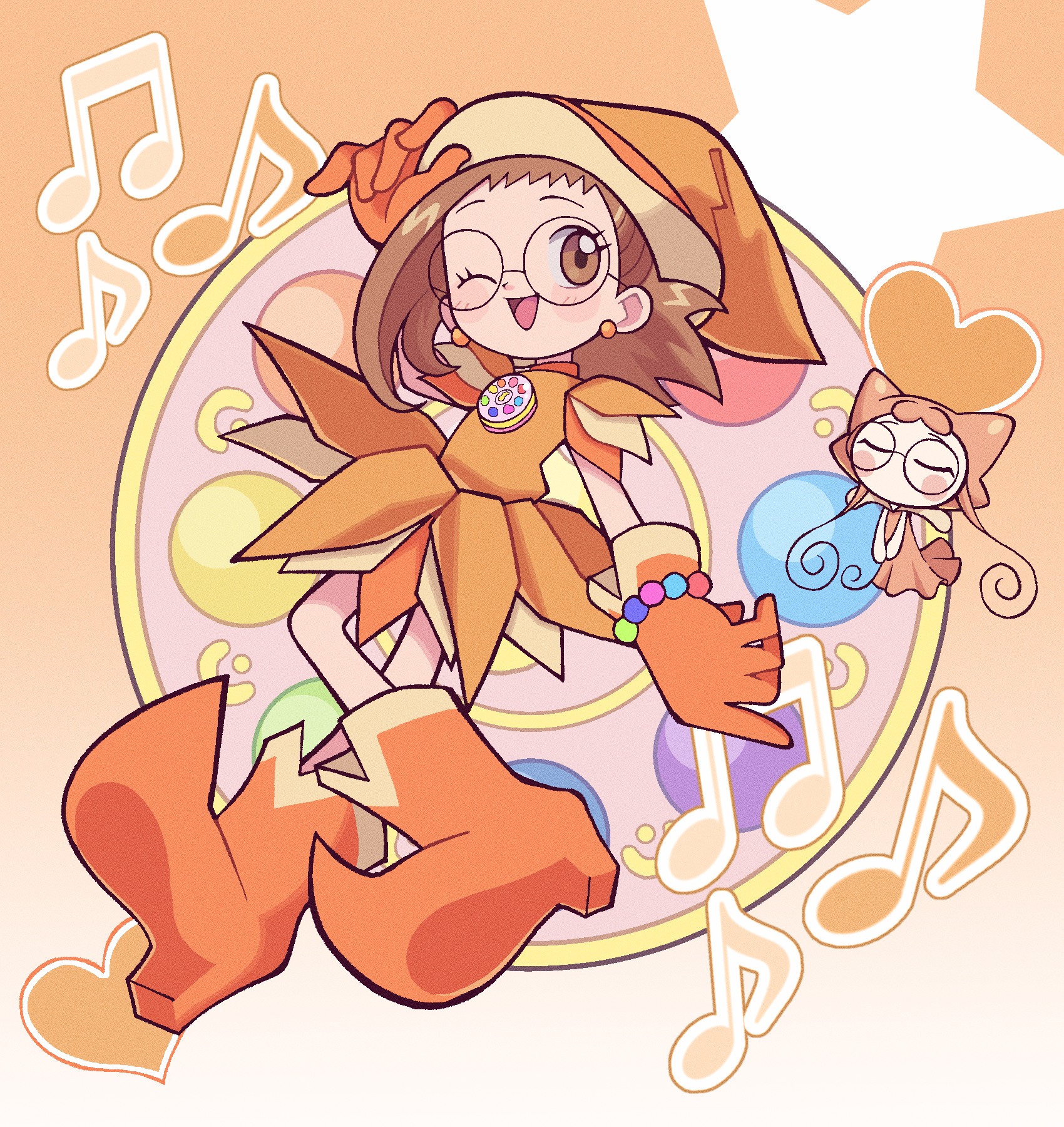 castussan, fujiwara hazuki, rere (ojamajo doremi), ojamajo doremi, commentary, highres, 1girl, boots, bracelet, brown hair, dress, fairy, glasses, gloves, hat, heart, jewelry, magical girl, musical note, one eye closed, open mouth, orange boots, orange dress, orange gloves, pearl bracelet, round eyewear, smile, star (symbol), training tap, witch, witch hat