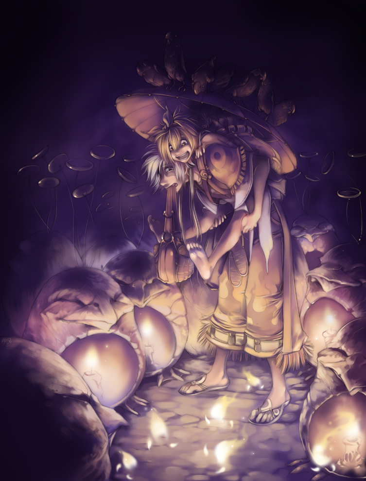 shirotsuki, original, 1boy, 1girl, barefoot, bird, fantasy, glowing, piggyback, umbrella