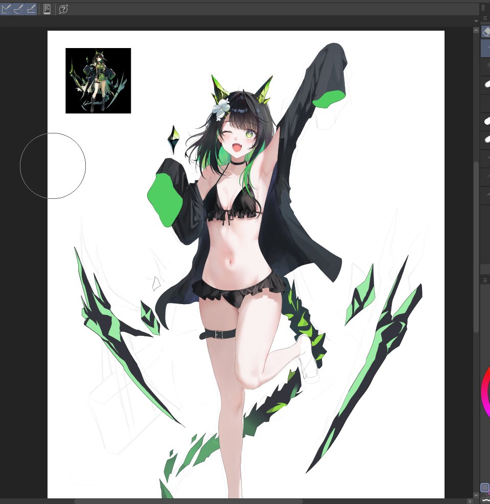 zapik, mon3tr (arknights), arknights, commentary request, unfinished, 1girl, ;d, ahoge, alternate costume, animal ears, arm up, armpits, art program in frame, bikini, black bikini, black choker, black hair, blunt bangs, blush, breasts, choker, colored inner hair, fake animal ears, fang, flower, foot out of frame, frilled bikini, frills, front-tie bikini top, front-tie top, green eyes, green hair, hair flower, hair ornament, happy, long sidelocks, looking at viewer, medium hair, multicolored hair, official art inset, one eye closed, open mouth, parted bangs, sidelocks, simple background, skindentation, sleeves past wrists, small breasts, smile, solo, standing, standing on one leg, swimsuit, swimsuit cover-up, tail, thigh strap, two-sided fabric, white background