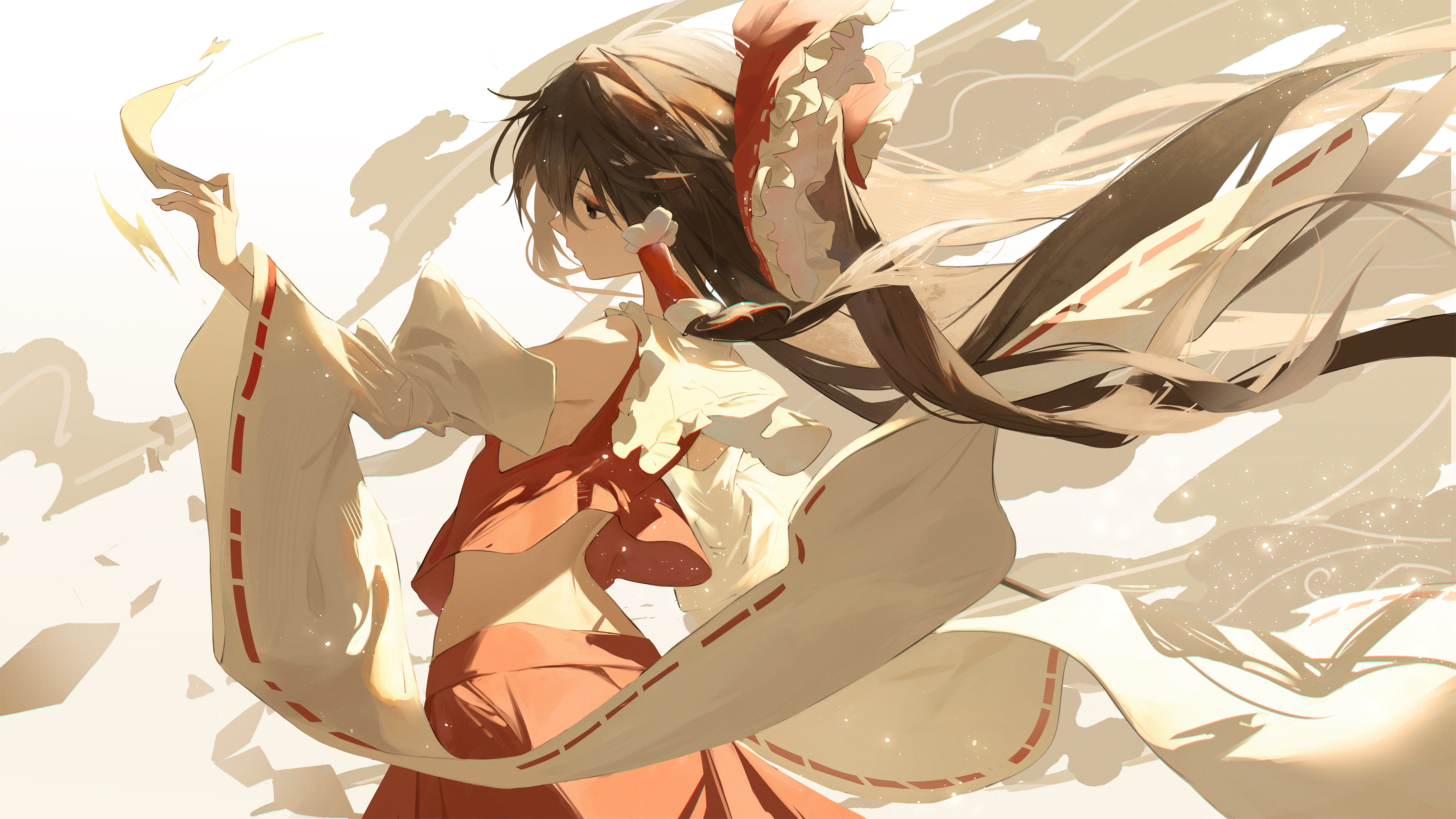 naovo, hakurei reimu, touhou, absurdres, commentary, highres, 1girl, back, bare shoulders, bow, brown eyes, brown hair, cowboy shot, detached sleeves, eyeshadow, frilled bow, frilled hair tubes, frilled shirt collar, frills, from behind, hair bow, hair tubes, hand up, light particles, long hair, makeup, no bra, ponytail, profile, red bow, red eyeshadow, red shirt, red skirt, shirt, sidelocks, skirt, smoke, solo, white background, white sleeves