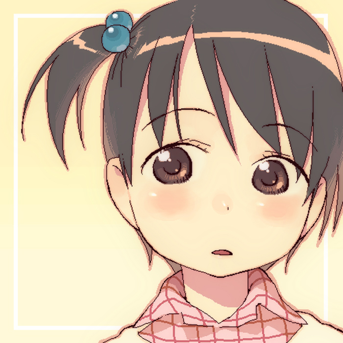 hijiri rei, itou chika, ichigo mashimaro, beige background, 1girl, :o, blush, child, close-up, expressionless, female focus, hair bobbles, hair ornament, looking at viewer, one side up, parted lips, portrait, simple background, solo, upper body