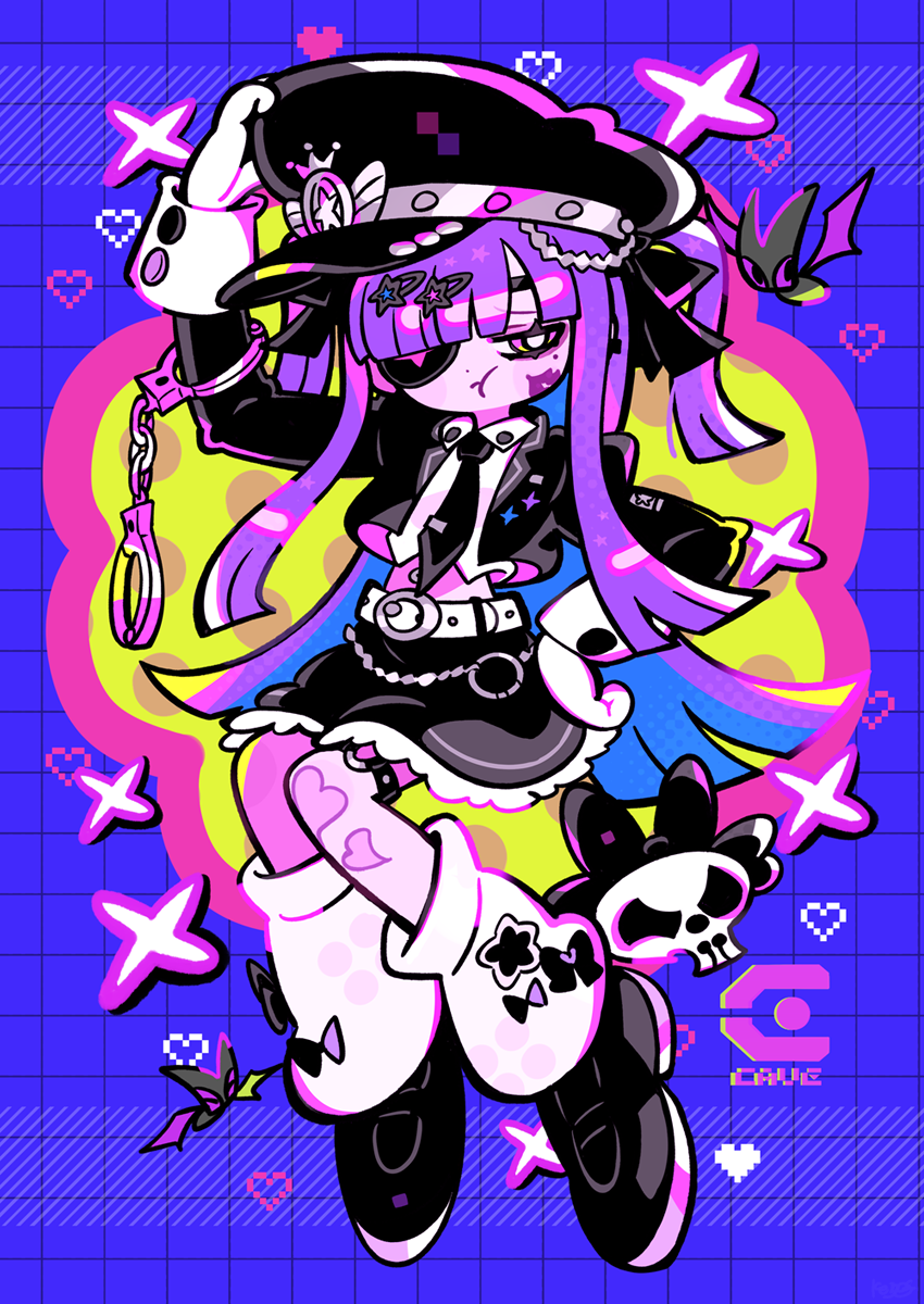 keijou (cave), original, highres, 1girl, belt, black hat, black jacket, black necktie, black shoes, black skirt, blue background, cuffs, deformed, full body, hand on headwear, hand up, handcuffs, hat, jacket, leg warmers, long hair, long sleeves, miniskirt, necktie, one eye covered, peaked cap, purple hair, shoes, skirt, skull, solo, white leg warmers