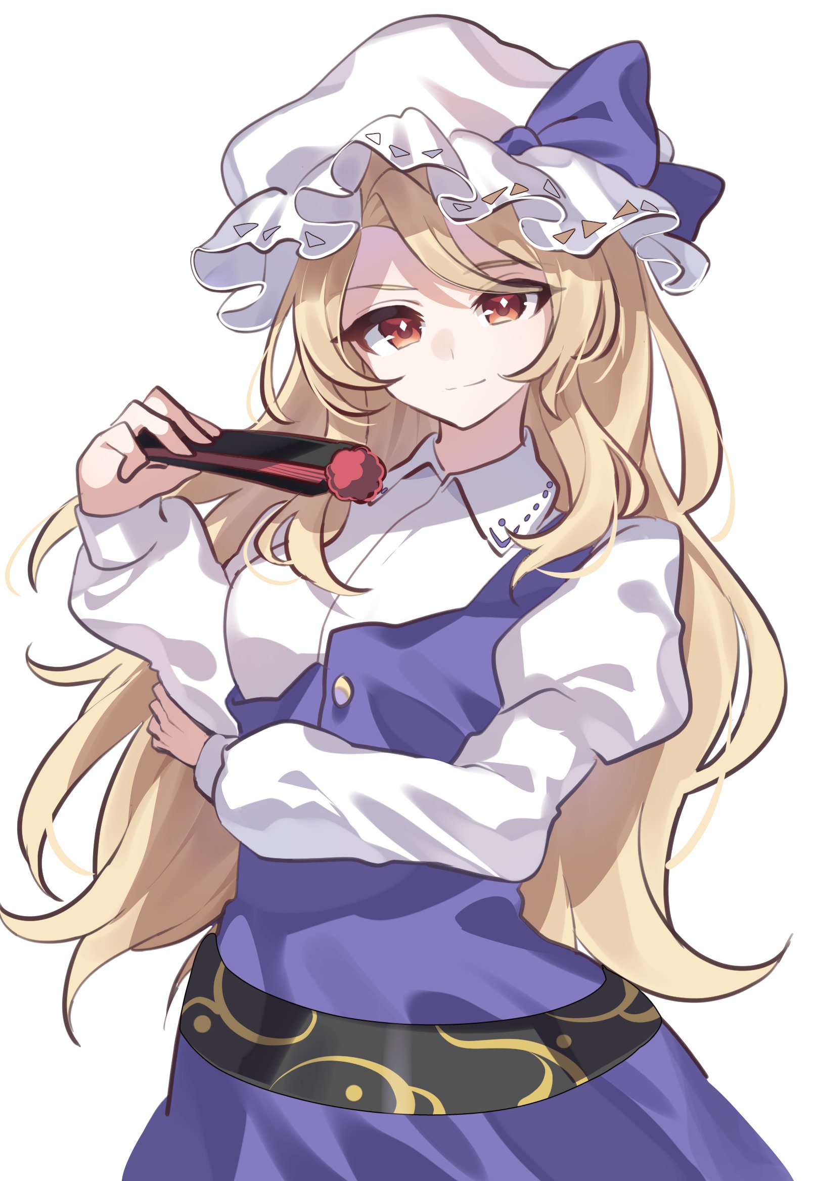 ametama (runarunaruta5656), watatsuki no toyohime, touhou, commentary, highres, 1girl, arm under breasts, belt, black belt, blonde hair, closed mouth, cowboy shot, dress, folding fan, hand fan, hat, hat ribbon, holding, holding fan, juliet sleeves, long hair, long sleeves, looking at viewer, mob cap, puffy sleeves, purple dress, purple ribbon, red eyes, ribbon, shirt, simple background, single-shoulder dress, smile, solo, very long hair, white background, white hat, white shirt