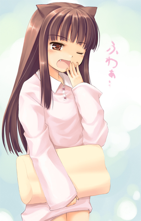 hinooka shuuji, original, animal ears, cat ears, fang, pajamas, sleepy, wink, yawning