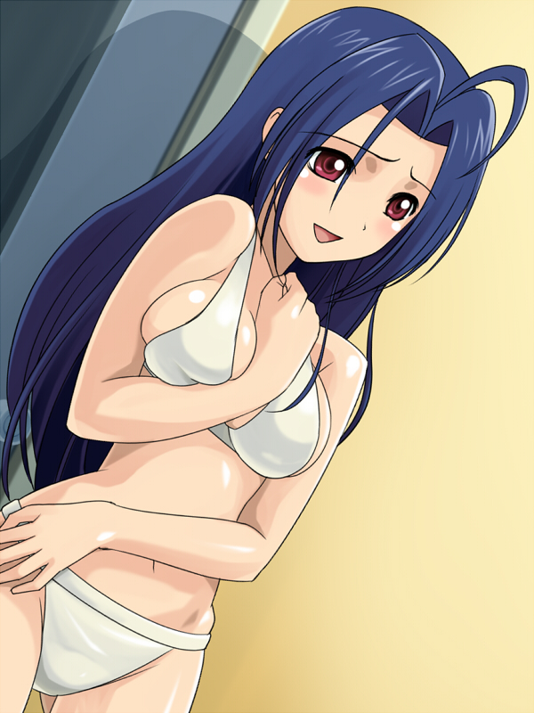 muhi11234, miura azusa, idolmaster, idolmaster (classic), 00s, 1girl, ahoge, bikini, blue hair, blush, breasts, breasts squeezed together, female focus, large breasts, long hair, navel, red eyes, solo, swimsuit, white bikini