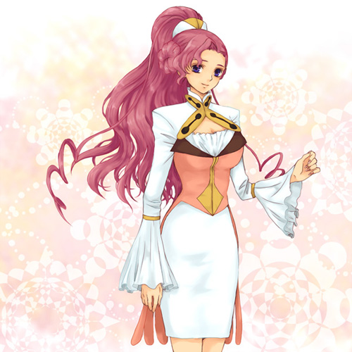 plum (arch), euphemia li britannia, code geass, lowres, 00s, 1girl, breasts, cleavage, cowboy shot, donut hair bun, dress, female focus, hair bun, large breasts, long hair, pink hair, ponytail, purple eyes, solo