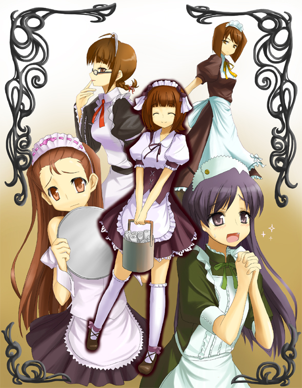 tsuyushima, akizuki ritsuko, amami haruka, hagiwara yukiho, kisaragi chihaya, minase iori, idolmaster, idolmaster (classic), bad id, bad pixiv id, 00s, 5girls, apron, bonnet, bucket, glasses, maid, maid apron, multiple girls, ribbon, skirt, tray, wrist cuffs