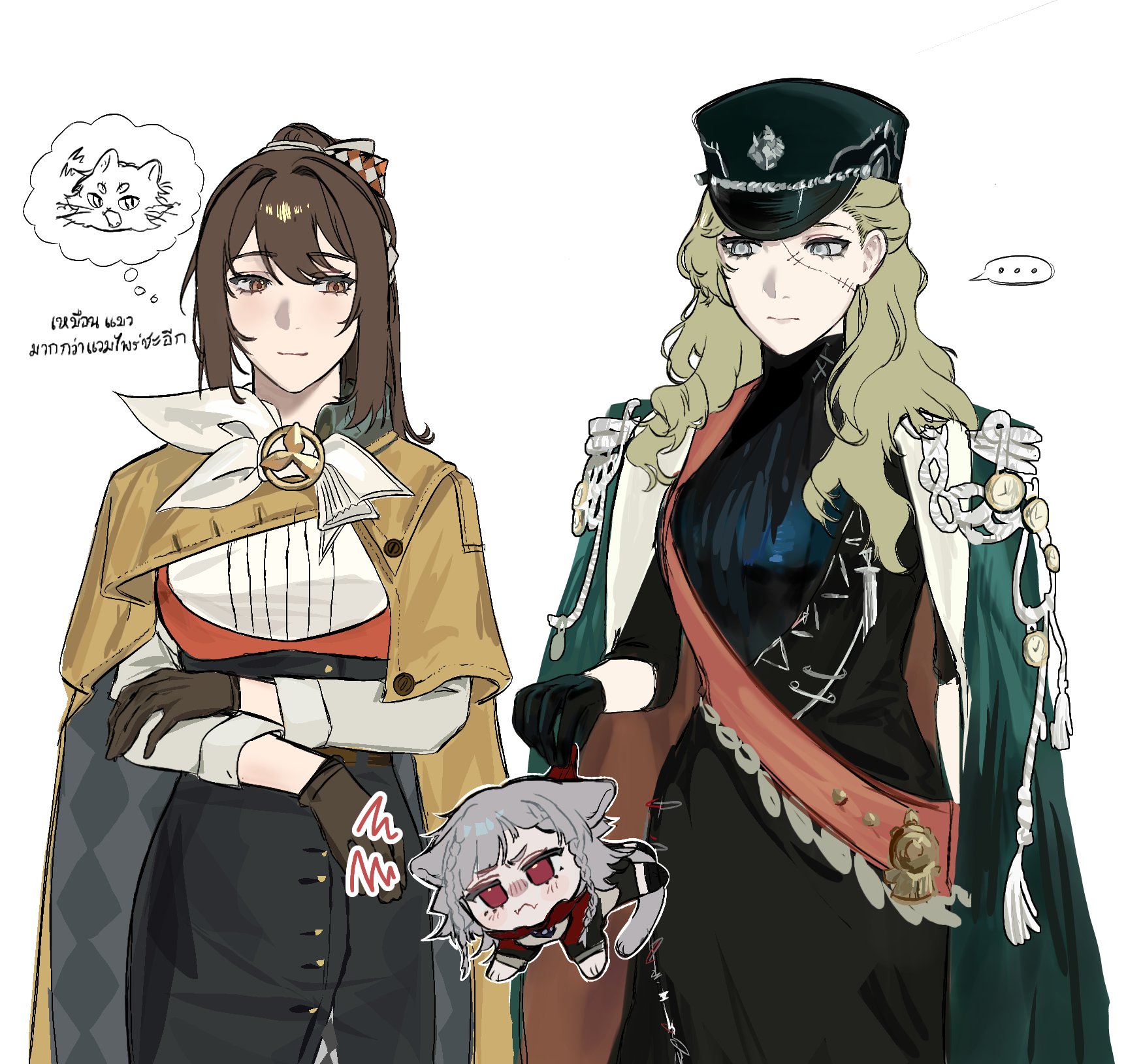 kero017, rubuska, semmelweis (reverse:1999), reverse:1999, highres, …, 3girls, :3, animal ears, black coat, black dress, black gloves, black hat, black skirt, brown cape, brown eyes, brown gloves, brown hair, cape, carrying, carrying person, cat ears, cat girl, cat tail, chibi, chibi inset, closed mouth, coat, coat on shoulders, corvus (reverse:1999), dress, facing viewer, gloves, grey hair, hat, imagining, kemonomimi mode, long hair, looking at another, looking at viewer, looking to the side, multiple girls, neckerchief, ponytail, red eyes, red sash, sash, shako cap, shirt, shoulder sash, shout lines, skirt, speech bubble, spoken ellipsis, tail, thought bubble, upper body, white background, white neckerchief, white shirt