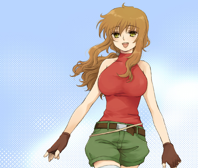 plum (arch), christina sierra, gundam, gundam 00, 00s, 1girl, breasts, brown hair, cowboy shot, female focus, gloves, green eyes, large breasts, long hair, shorts, solo