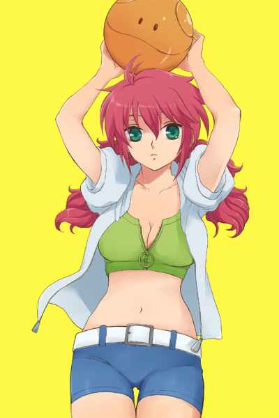 plum (arch), feldt grace, haro, gundam, gundam 00, 00s, 1girl, aqua eyes, belt, breasts, cleavage, cowboy shot, female focus, looking at viewer, medium breasts, midriff, open clothes, open shirt, pink hair, shirt, shorts, simple background, solo, thigh gap, yellow background