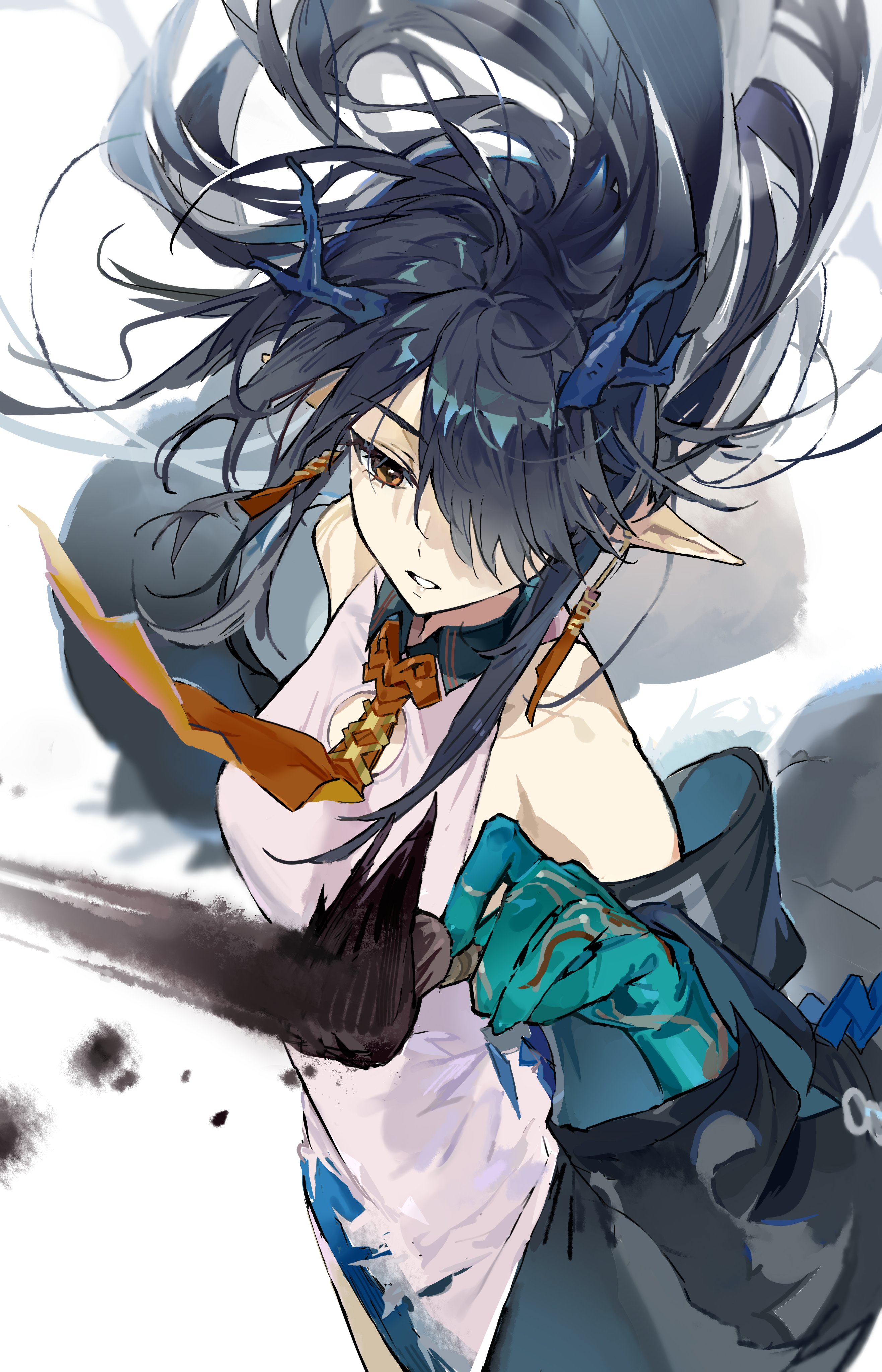 gohanduck, dusk (arknights), arknights, absurdres, highres, 1girl, black hair, blue horns, brown eyes, brush stroke, colored extremities, dragon girl, dragon horns, dress, earrings, floating hair, green hands, hair over one eye, holding, holding paintbrush, horns, jewelry, long hair, looking ahead, necktie, off shoulder, paintbrush, parted lips, pointy ears, sleeveless, sleeveless dress, solo, tassel, tassel earrings, white dress