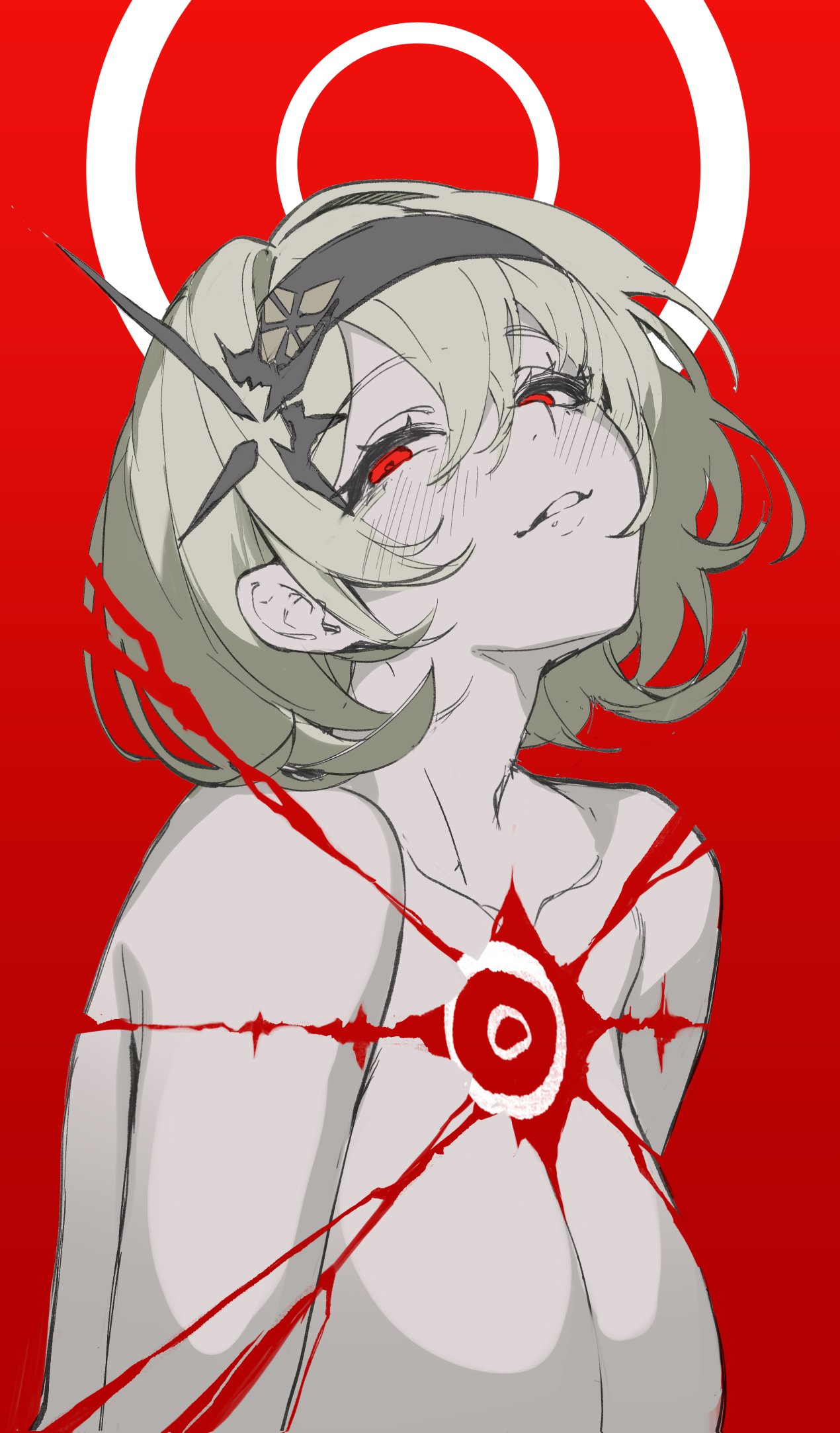 nine (kanine41), red shoes (nikke), goddess of victory: nikke, highres, 1girl, black hairband, blonde hair, breasts, evil grin, evil smile, grin, hair ornament, hairband, huge breasts, looking at viewer, nude, red background, red eyes, short hair, smile, solo, upper body