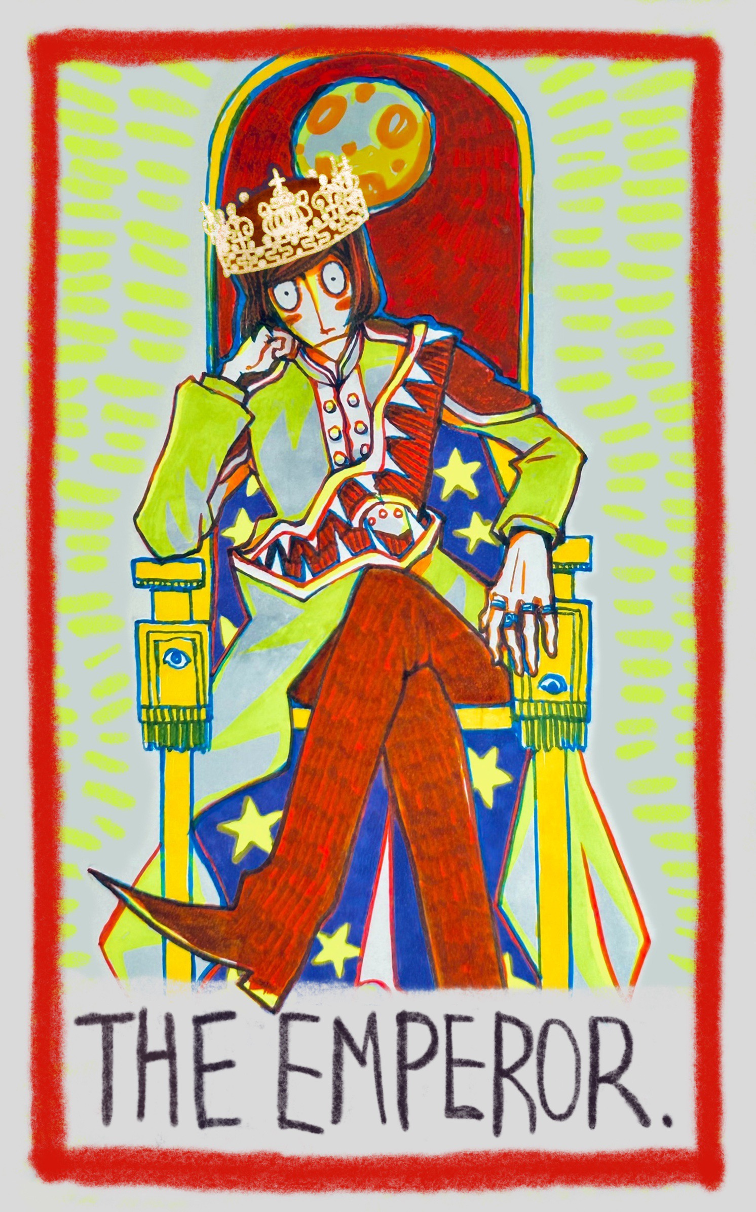 luther von ivory, randal's friends, chinese commentary, commentary request, derivative work, highres, traditional media, 1boy, black eyes, border, brown hair, card (medium), coat, crossed legs, crown, english text, green coat, jewelry, looking at viewer, male focus, multiple rings, red border, ring, short hair, sitting, sitting on throne, solo, tarot, tarot (medium), the emperor (tarot), throne, yaolaiyibeiapachama, yellow background