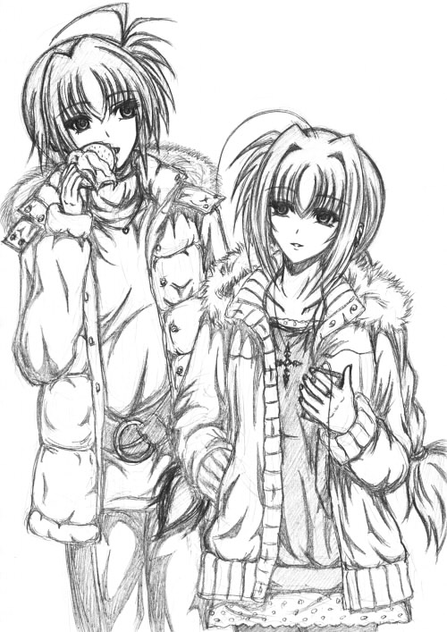 subaru nakajima, vita (nanoha), lyrical nanoha, mahou shoujo lyrical nanoha, mahou shoujo lyrical nanoha strikers, 00s, 2girls, ahoge, blush, casual, coat, fur trim, greyscale, hair intakes, head tilt, long sleeves, monochrome, multiple girls, short hair, simple background, standing, white background, winter clothes, winter coat