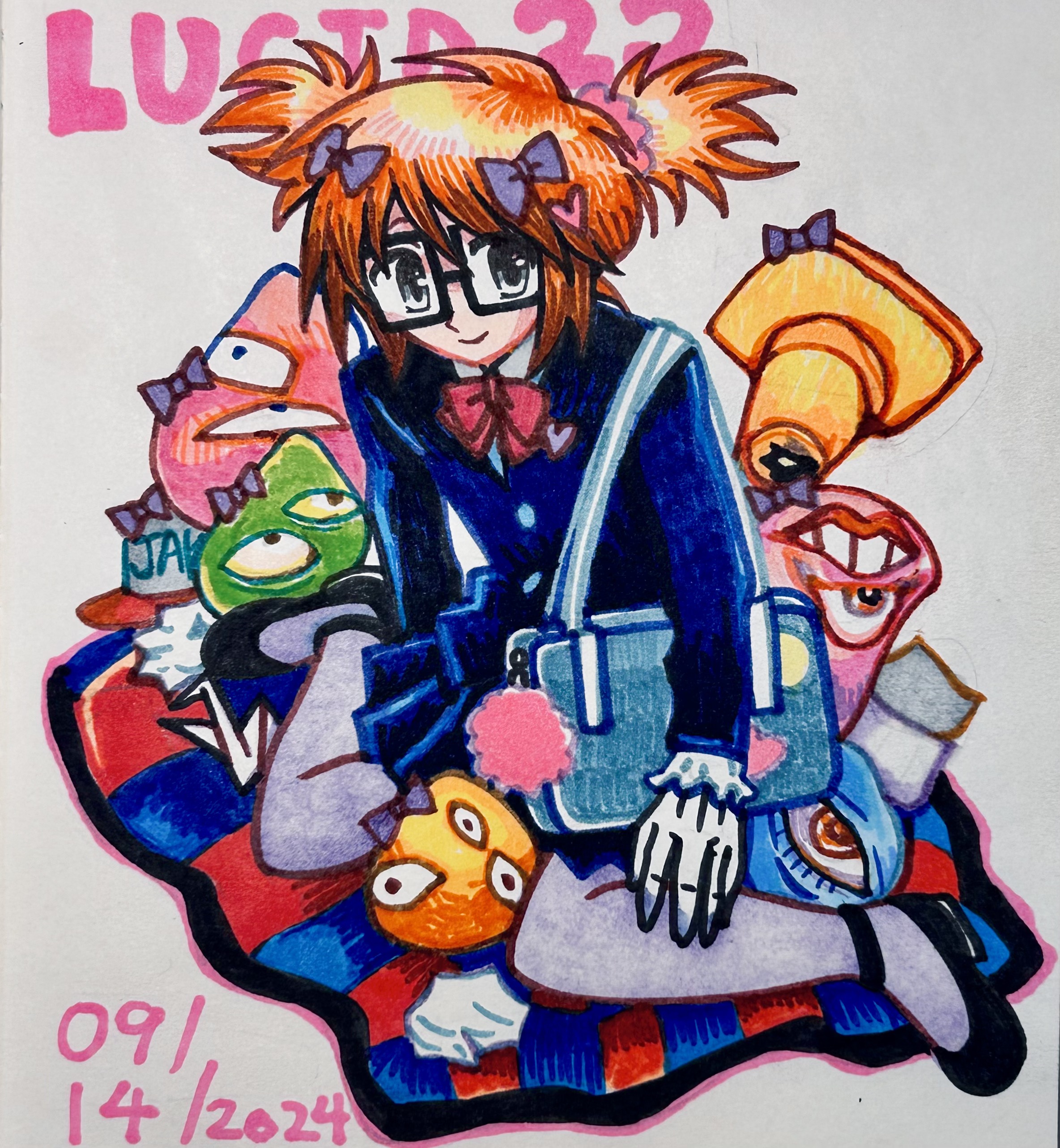 randal ivory, randal's friends, absurdres, derivative work, highres, traditional media, 1boy, bag, blue coat, blue skirt, bow, bowtie, coat, creature, crossdressing, crossdressing (mtf), glasses, grey background, grey eyes, grey pantyhose, looking at viewer, male focus, orange hair, pantyhose, picnic blanket, pink bow, pink bowtie, short hair, shoulder bag, sitting, skirt, smile, solo, traffic cone, twintails, wariza, yaolaiyibeiapachama