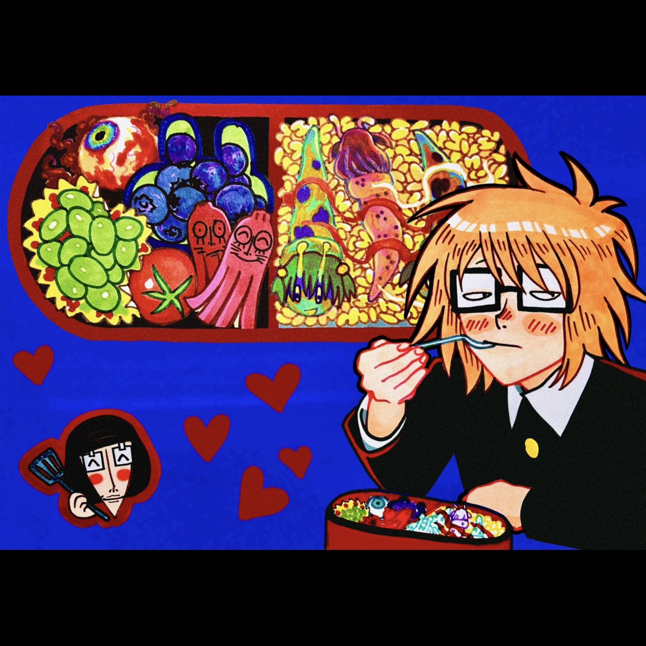 luther von ivory, randal ivory, randal's friends, highres, 2boys, bento, black eyes, blue background, blueberry, creature, eating, eyeball, food, food art, fruit, glasses, heart, human head, jacket, letterboxed, male focus, multiple boys, open clothes, open jacket, orange hair, short hair, slug, tako-san wiener, yaolaiyibeiapachama