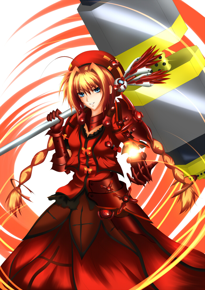 graf eisen, vita (nanoha), lyrical nanoha, mahou shoujo lyrical nanoha, mahou shoujo lyrical nanoha a's, mahou shoujo lyrical nanoha strikers, >:d, 00s, 1girl, :d, armor, beret, blue hair, bow, braid, brooch, carrying over shoulder, cross, cross print, dress, female focus, gauntlets, gem, glint, glowing, grin, hair ornament, hairpin, hammer, hat, huge weapon, jewelry, long hair, looking at viewer, open mouth, orange bow, parted lips, red dress, red hair, red theme, short hair, smile, solo, teeth, twin braids, v-shaped eyebrows, weapon