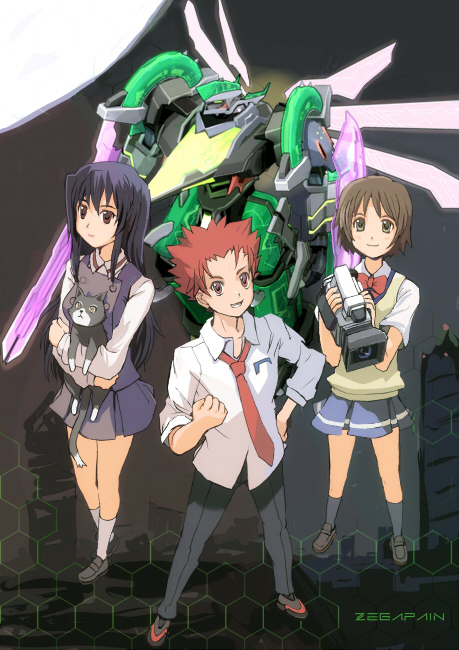 kaminagi ryouko, misaki shizuno, sogoru kyo, sogoru kyou, zegapain, white legwear, 00s, 1boy, 2girls, animal, armor, black socks, blue skirt, cat, clenched hand, collared shirt, dress shirt, full body, hand on own hip, holding, kneehighs, loafers, looking at viewer, machinery, mecha, multiple girls, pants, pleated skirt, robot, shirt, shoes, skirt, socks, standing, standing on one leg, white shirt