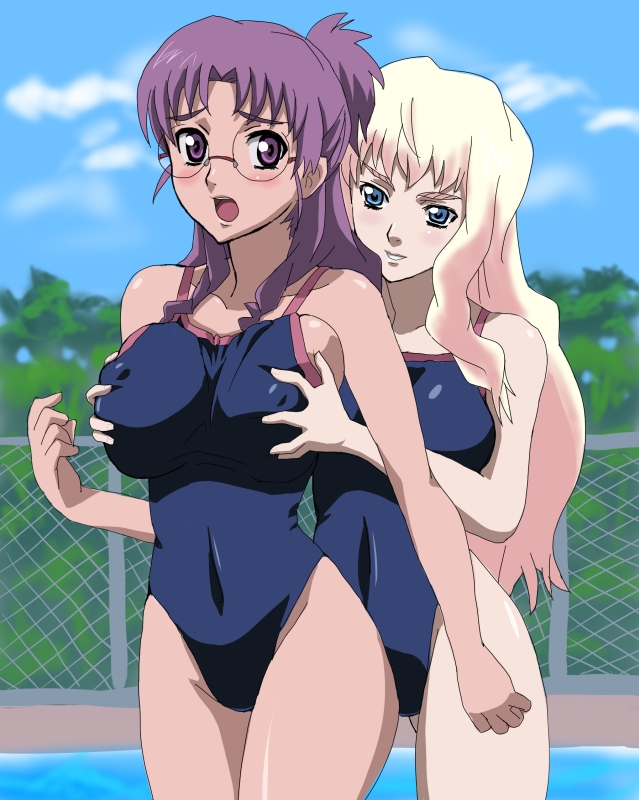 nisina, matsuura nanase, sheryl nome, macross, macross frontier, bad id, bad pixiv id, 00s, 2girls, blue eyes, breasts, covered erect nipples, glasses, grabbing another's breast, groping, multiple girls, one-piece swimsuit, pink hair, purple eyes, purple hair, swimsuit, yuri