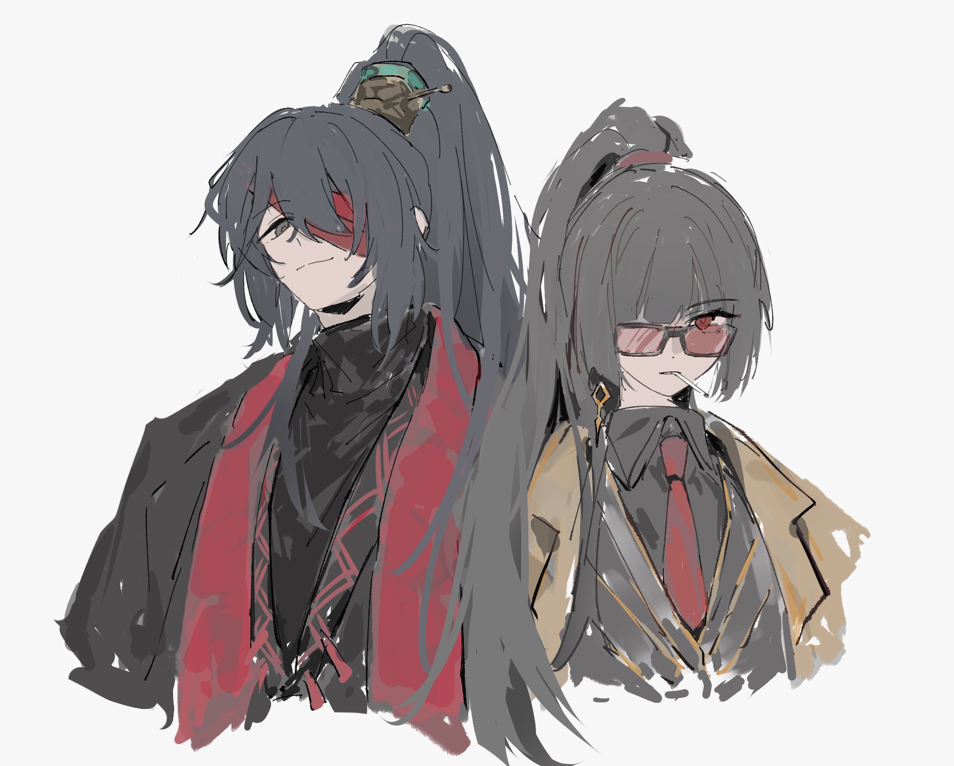 munh422, hong lu (project moon), ryoshu (project moon), limbus company, project moon, highres, 1boy, 1girl, bandage over one eye, black coat, black eyes, black hair, black hanfu, black shirt, black vest, chinese clothes, cigarette, coat, collared shirt, contempt awe (e.g.o), e.g.o (project moon), family hierarch candidate (identity) (project moon), hanfu, high ponytail, long hair, looking at viewer, n corp. e.g.o (identity) (project moon), necktie, ponytail, red-tinted eyewear, red eyes, red necktie, shirt, simple background, smoking, sunglasses, sweater, tinted eyewear, upper body, vest, white background, yellow coat