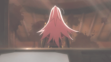 garnet mclane, dragonaut, animated, animated gif, anime screenshot, lowres, 00s, 1girl, back, backboob, blood, bouncing breasts, breasts, broken, cleavage, dark-skinned female, dark skin, female focus, glass, huge breasts, long hair, nail polish, pink hair, pink nails, punching, purple hair, solo, window