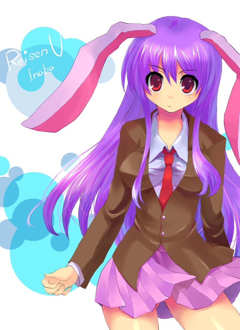 kobanzame, reisen udongein inaba, touhou, bad id, bad pixiv id, jpeg artifacts, 1girl, animal ears, blazer, blush, female focus, jacket, long hair, necktie, pleated skirt, purple hair, rabbit ears, red eyes, red necktie, skirt, solo, staring