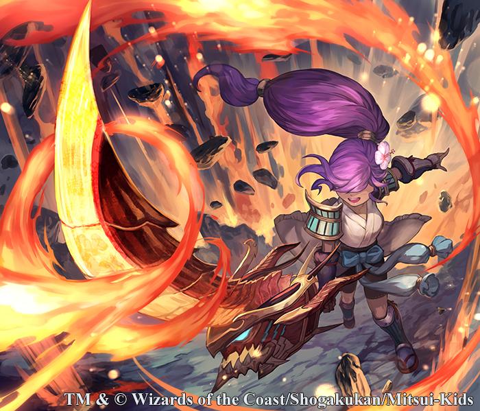 lack, duel masters, official art, 1girl, armor, black shorts, blue bow, bow, copyright notice, fire, flower, hair flower, hair ornament, hair over eyes, high ponytail, holding, holding sword, holding weapon, huge weapon, islay (duel masters), japanese clothes, lock, long hair, low-tied long hair, open mouth, ponytail, purple hair, shirt, shorts, shoulder armor, sword, teeth, upper teeth only, vambraces, very long hair, weapon, white shirt