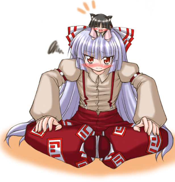 bococho, fujiwara no mokou, houraisan kaguya, touhou, 2girls, animal ears, blush, butterfly sitting, cat ears, cat girl, female focus, kemonomimi mode, mini person, minigirl, multiple girls, object on head, sitting