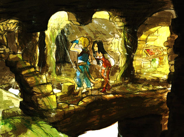 garnet til alexandros xvii, zidane tribal, final fantasy, final fantasy ix, 00s, 1boy, 1girl, arch, black hair, blue dress, bridge, cave, dress, long hair, outdoors, pillar, shade, short hair, tunic, walking