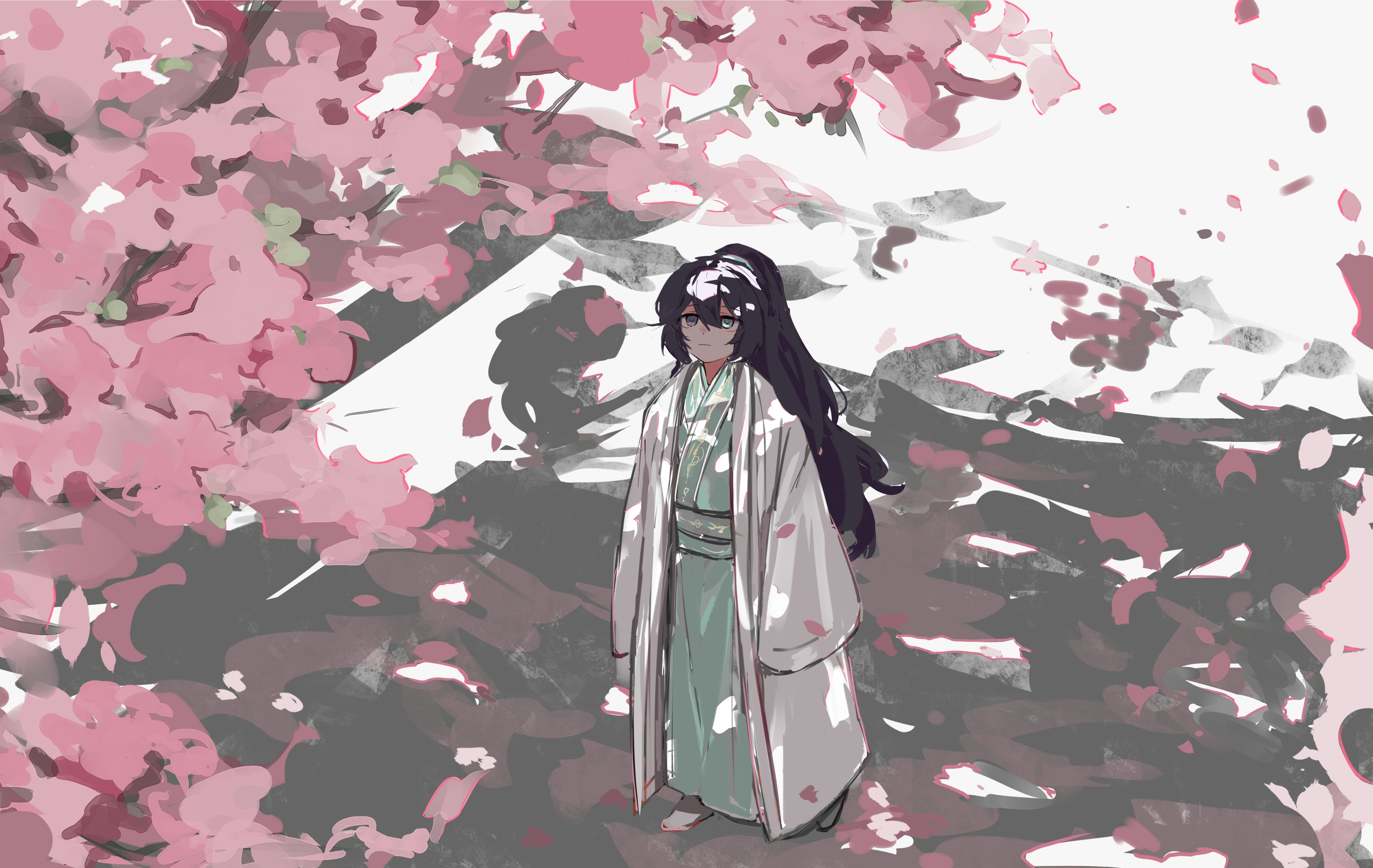 munh422, hong lu (project moon), limbus company, project moon, absurdres, highres, 1boy, aged down, black eyes, black hair, blue eyes, blue hanfu, cherry blossoms, chinese clothes, coat, full body, hanfu, heterochromia, high ponytail, long hair, long sleeves, looking at viewer, male focus, ponytail, simple background, solo, standing, white background, white coat