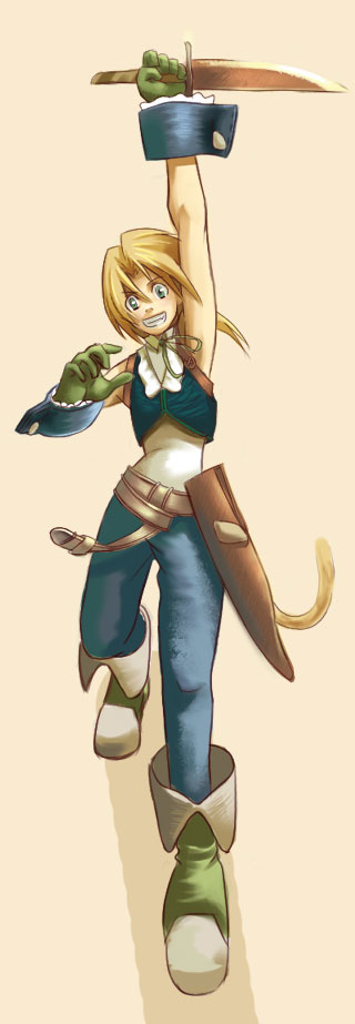 zidane tribal, final fantasy, final fantasy ix, sepia background, long image, tall image, 00s, 1boy, boots, dagger, green boots, knife, male focus, solo, weapon