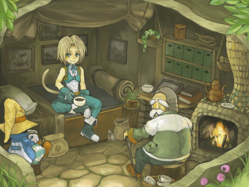 vivi ornitier, zidane tribal, final fantasy, final fantasy ix, 00s, 3boys, coffee, dagger, indoors, knife, male focus, multiple boys, weapon