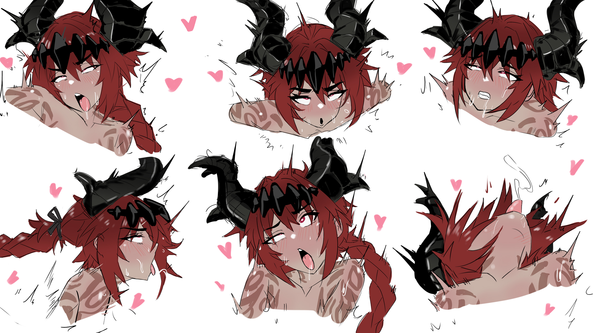 heiz illust, character request, copyright request, highres, ahegao, braid, braided ponytail, horns, red eyes, red hair, tongue, tongue out