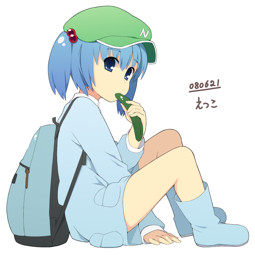 eddi, kawashiro nitori, touhou, 1girl, backpack, bag, cucumber, dress, female focus, full body, hat, randoseru, simple background, solo, two side up, white background