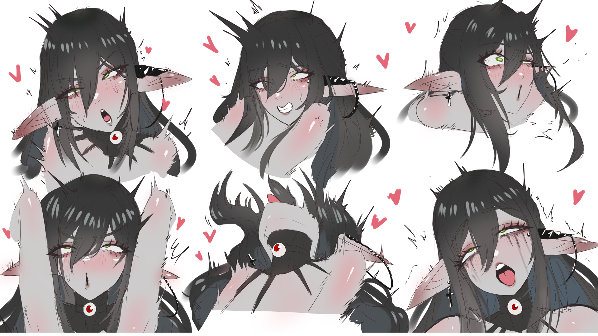 heiz illust, layna lazar, indie virtual youtuber, highres, ahegao, black hair, colored skin, green eyes, grey skin, makeup, pointy ears, runny makeup, virtual youtuber